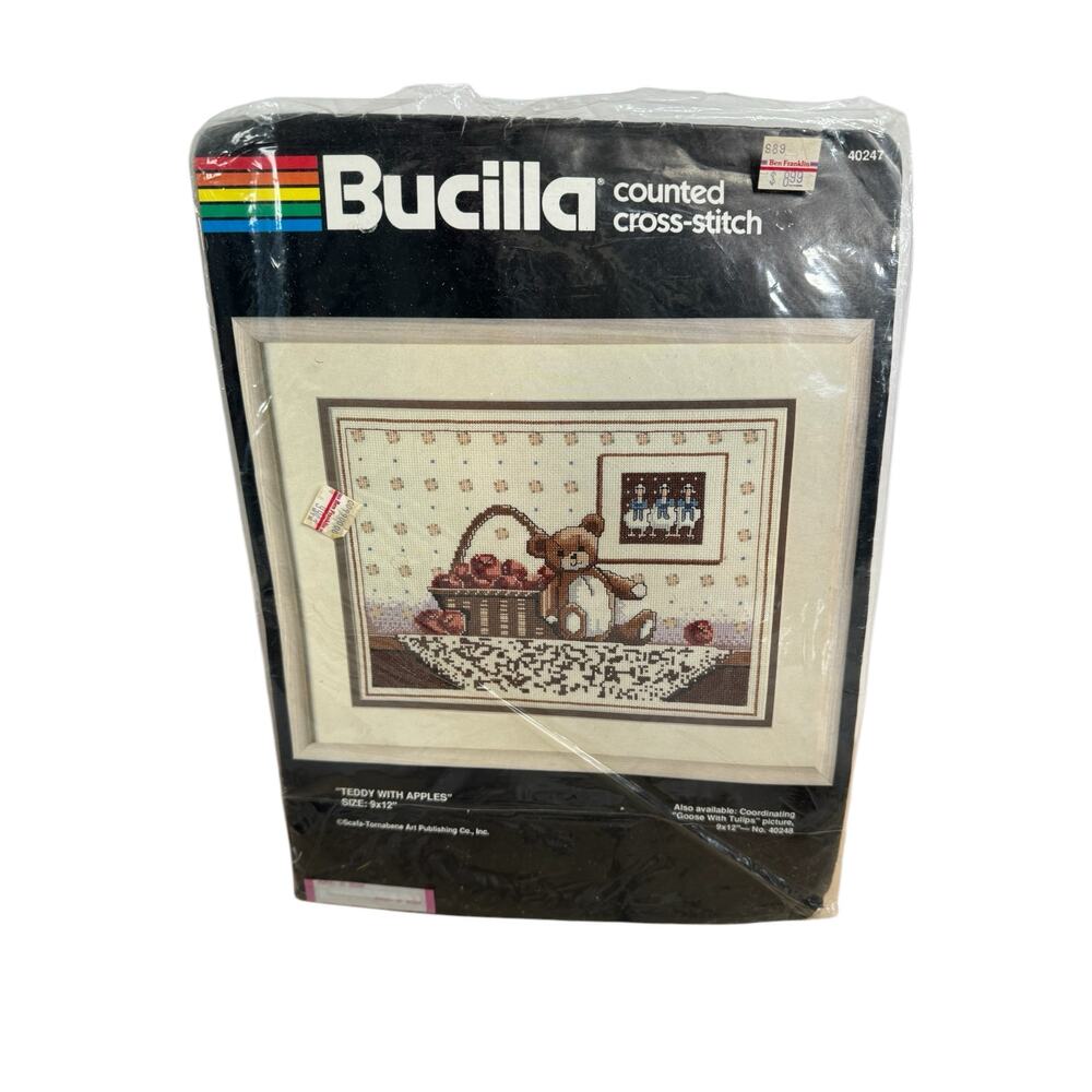 BUCILLA Vintage Teddy With Apples #40247 New Opened Counted Cross Stitch Kit